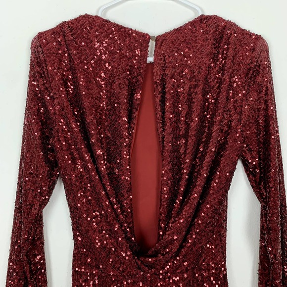 Bebe Red Sequin Long Sleeve Cowl Back Midi Dress - Picture 7 of 8